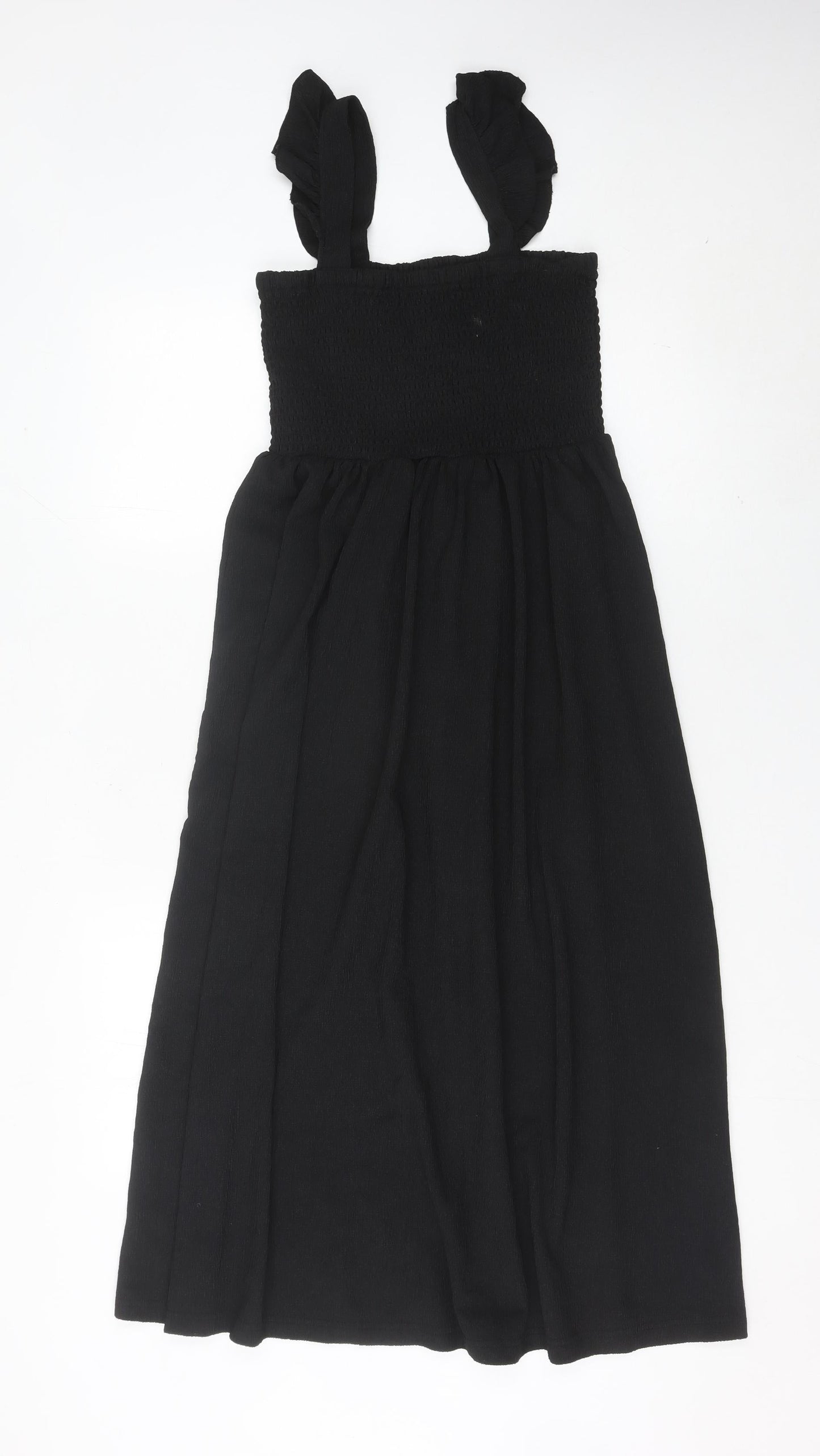 Pieces Women Black Midi Smocked Strap Dress L Summer Casual