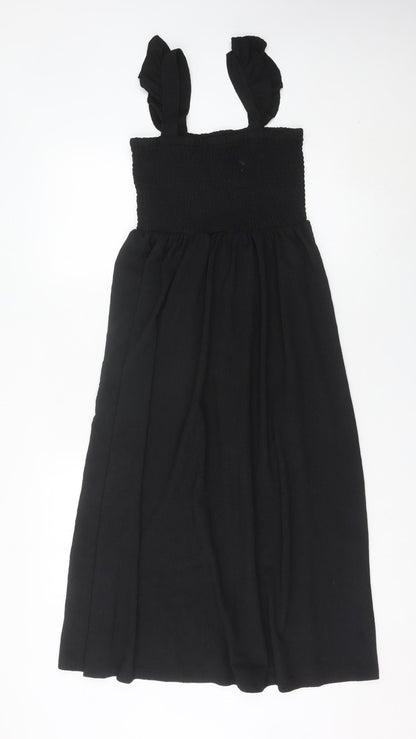Pieces Women Black Midi Smocked Strap Dress L Summer Casual