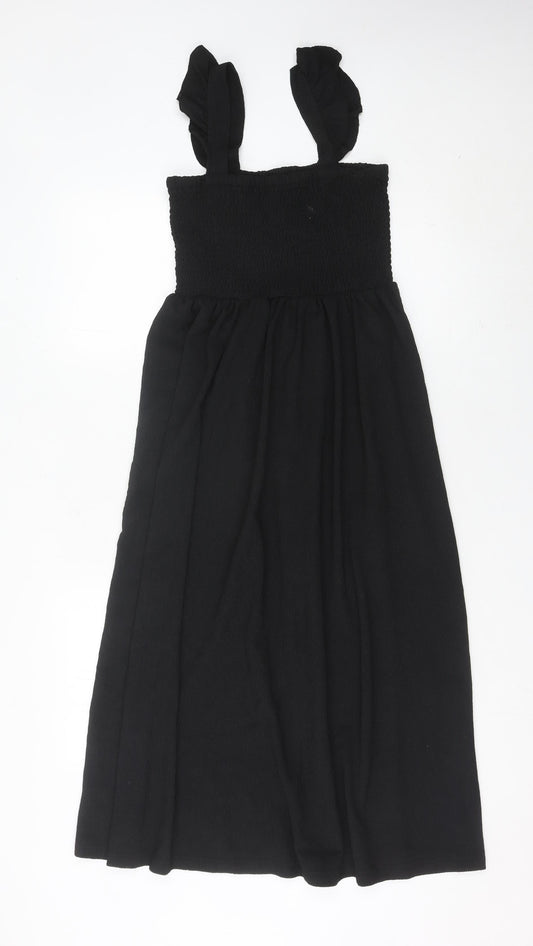 Pieces Women Black Midi Smocked Strap Dress L Summer Casual