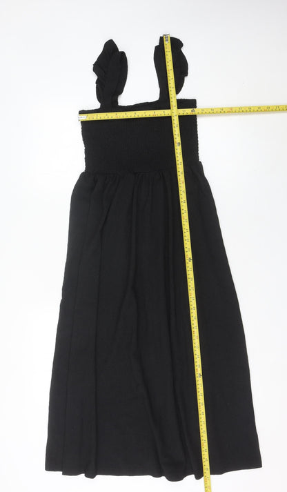 Pieces Women Black Midi Smocked Strap Dress L Summer Casual