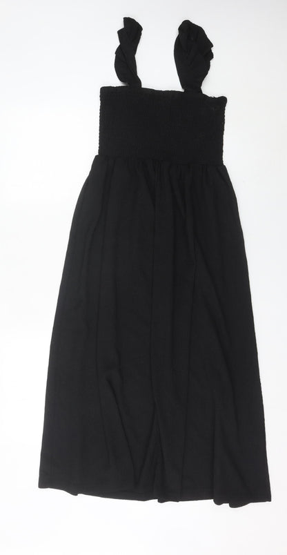 Pieces Women Black Midi Smocked Strap Dress L Summer Casual