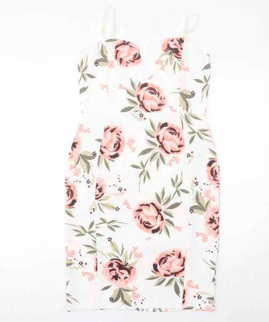 Quiz Women’s White Floral Bodycon Dress Size 16 Knee Length Sleeveless