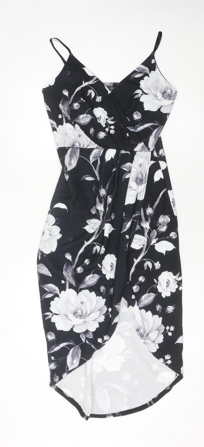 Quiz Womens Black Floral Midi Bodycon Dress Size 12 Party