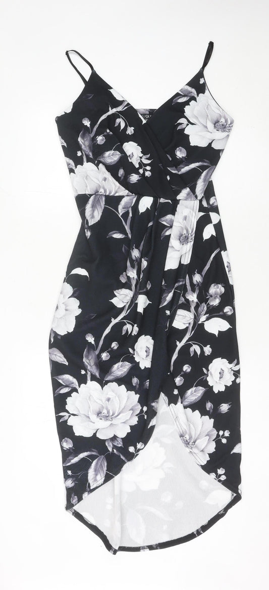 Quiz Womens Black Floral Midi Bodycon Dress Size 12 Party
