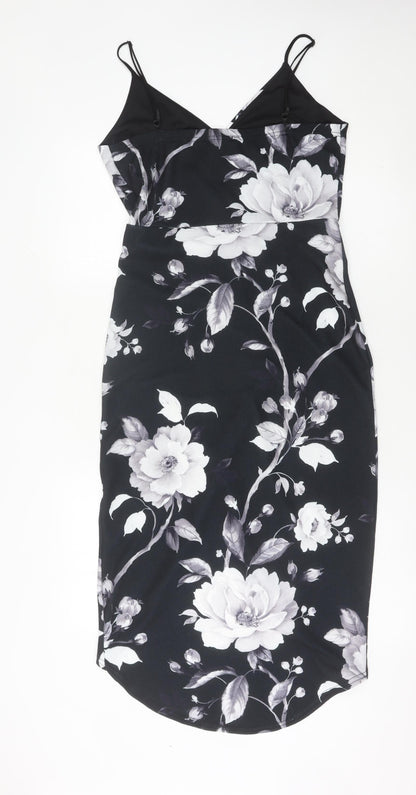 Quiz Womens Black Floral Midi Bodycon Dress Size 12 Party