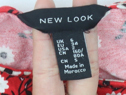 New Look Women’s Red Floral Tunic Blouse Size 6 Short Sleeve