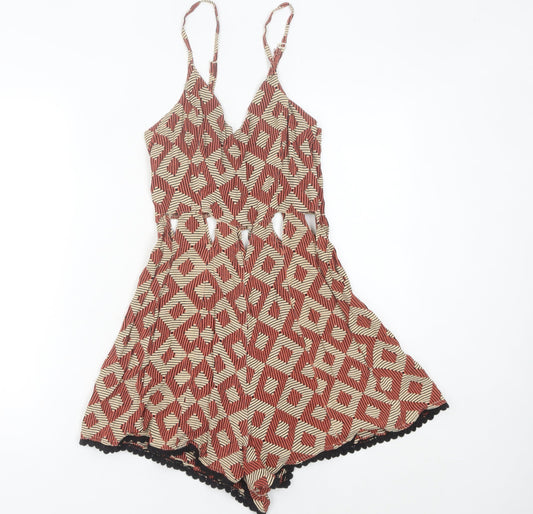 Topshop Womens Multicoloured Geometric Playsuit Size 12 V-Neck