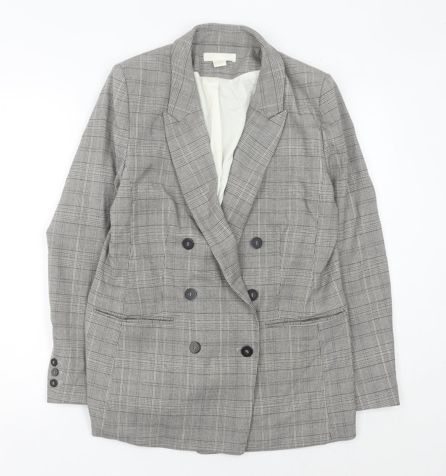 H&M Womens Grey Checked Double Breasted Suit Jacket Size 12