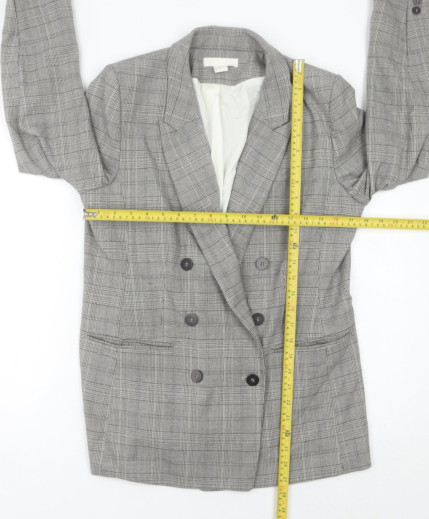 H&M Womens Grey Checked Double Breasted Suit Jacket Size 12