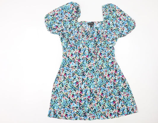 QED London Women’s Multicoloured Floral A-Line Puff Sleeve Dress UK 14