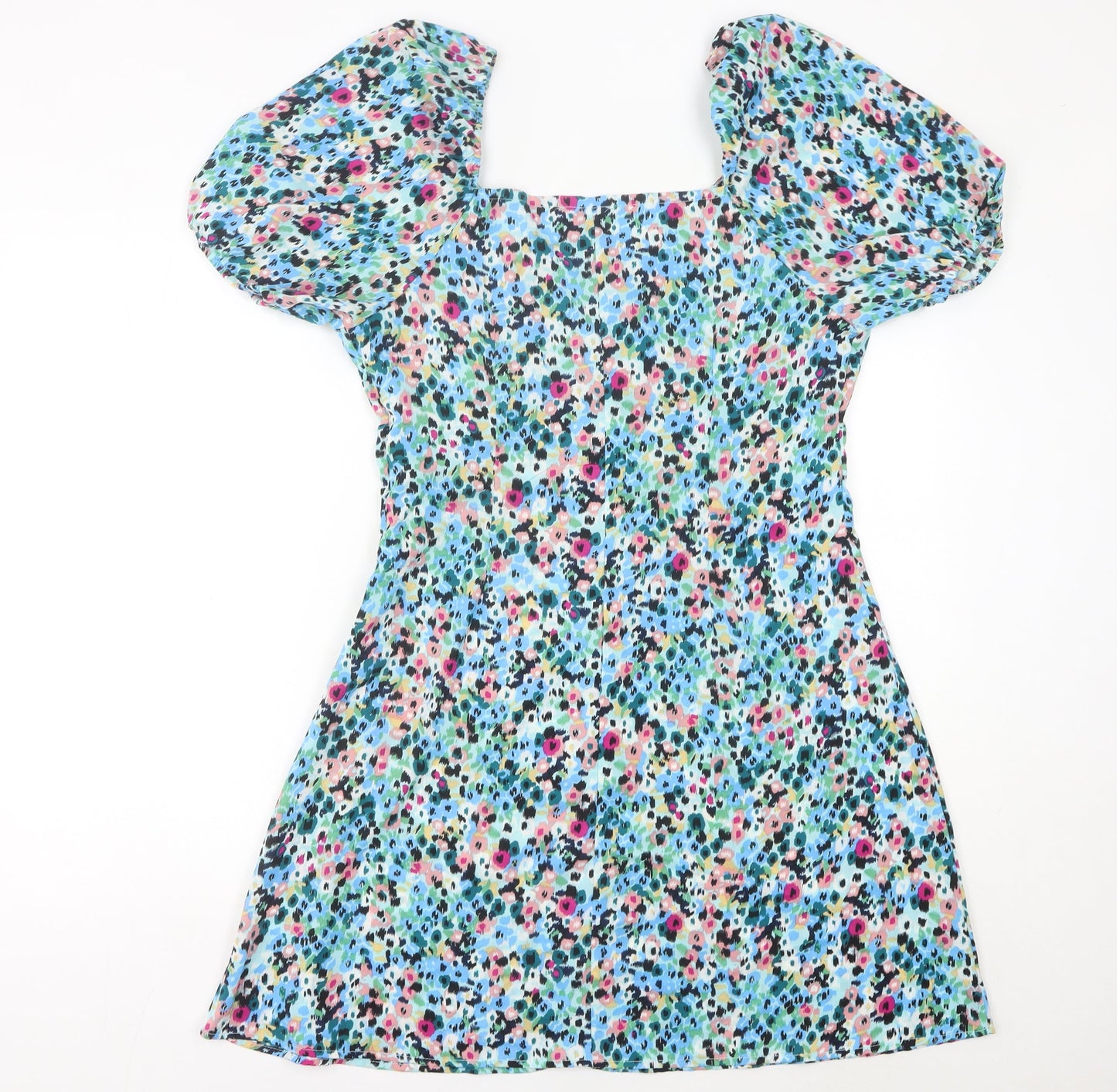 QED London Women’s Multicoloured Floral A-Line Puff Sleeve Dress UK 14