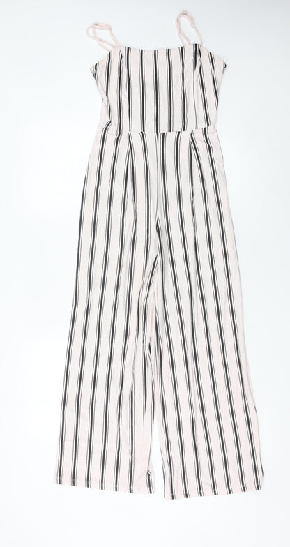 Bershka Women’s White Striped Wide-Leg Sleeveless Jumpsuit Size 12