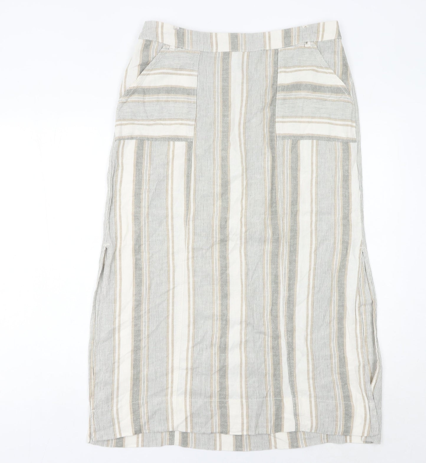 Bonmarché Women’s Beige Striped Midi Linen Viscose Skirt Size 14