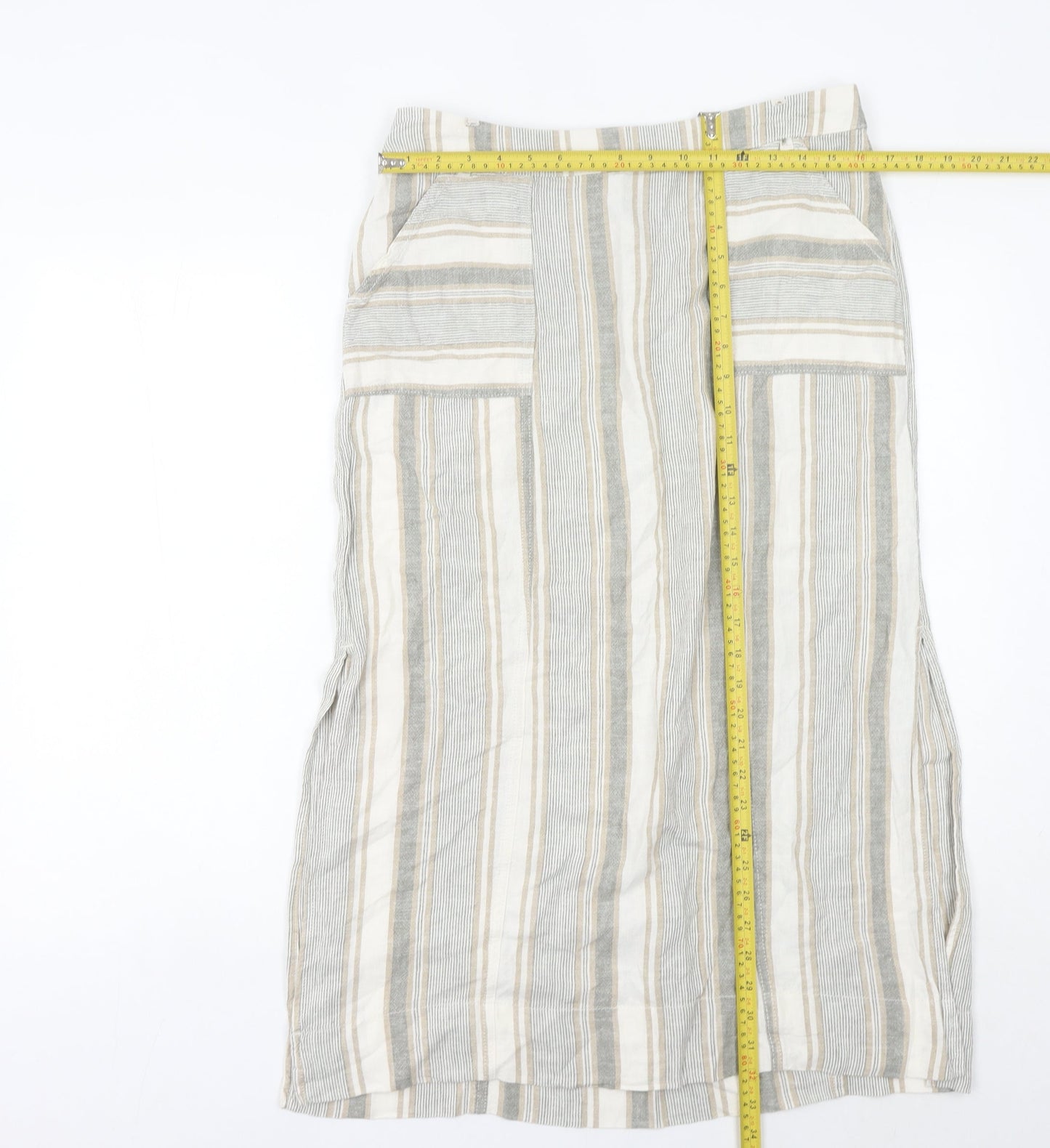 Bonmarché Women’s Beige Striped Midi Linen Viscose Skirt Size 14