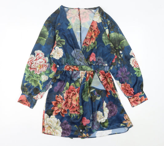 Zara Women Multicoloured Floral Playsuit XS V-Neck Long Sleeve