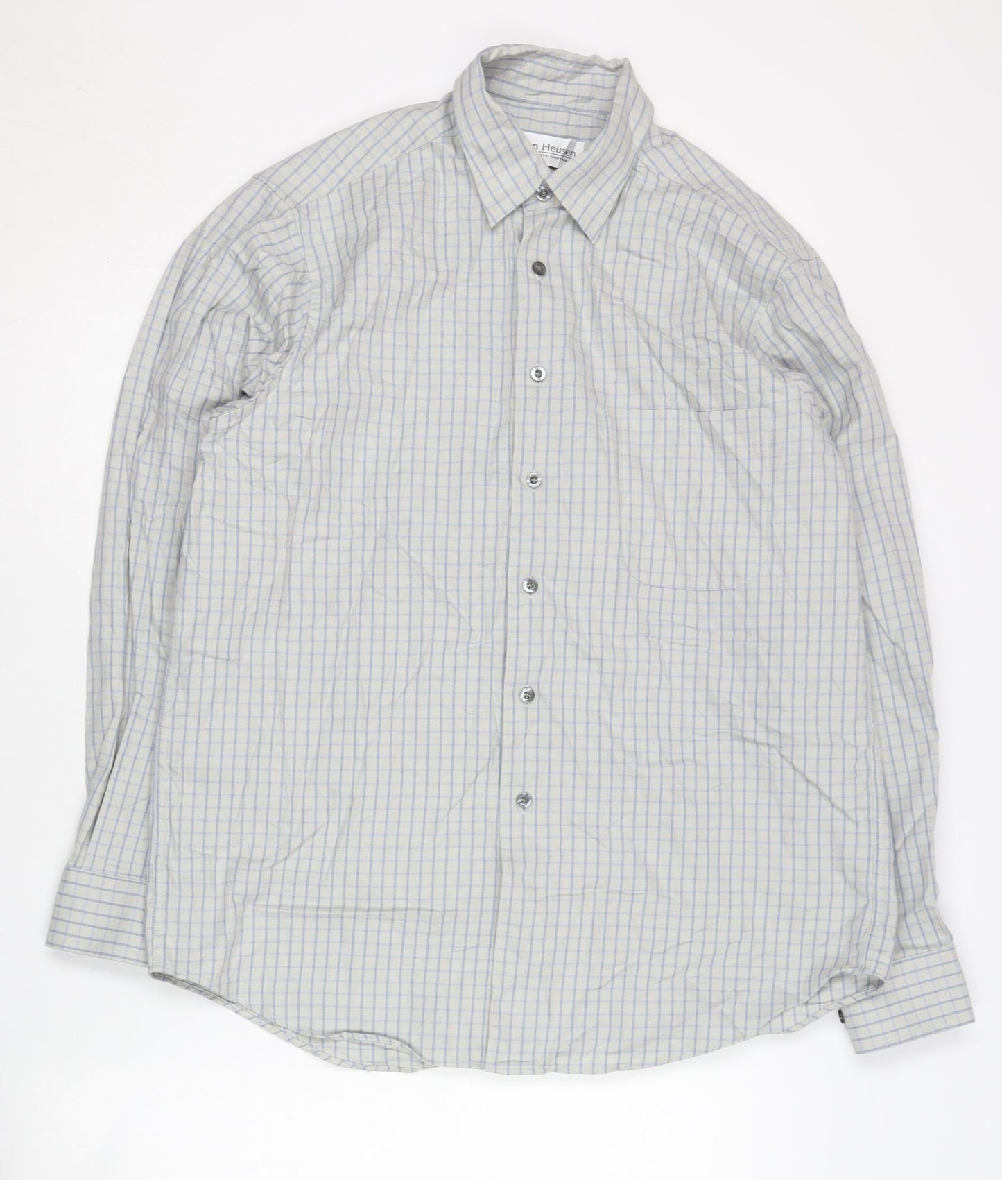 Van Heusen Men’s Grey Checked Cotton Long Sleeve Button-Up Shirt M