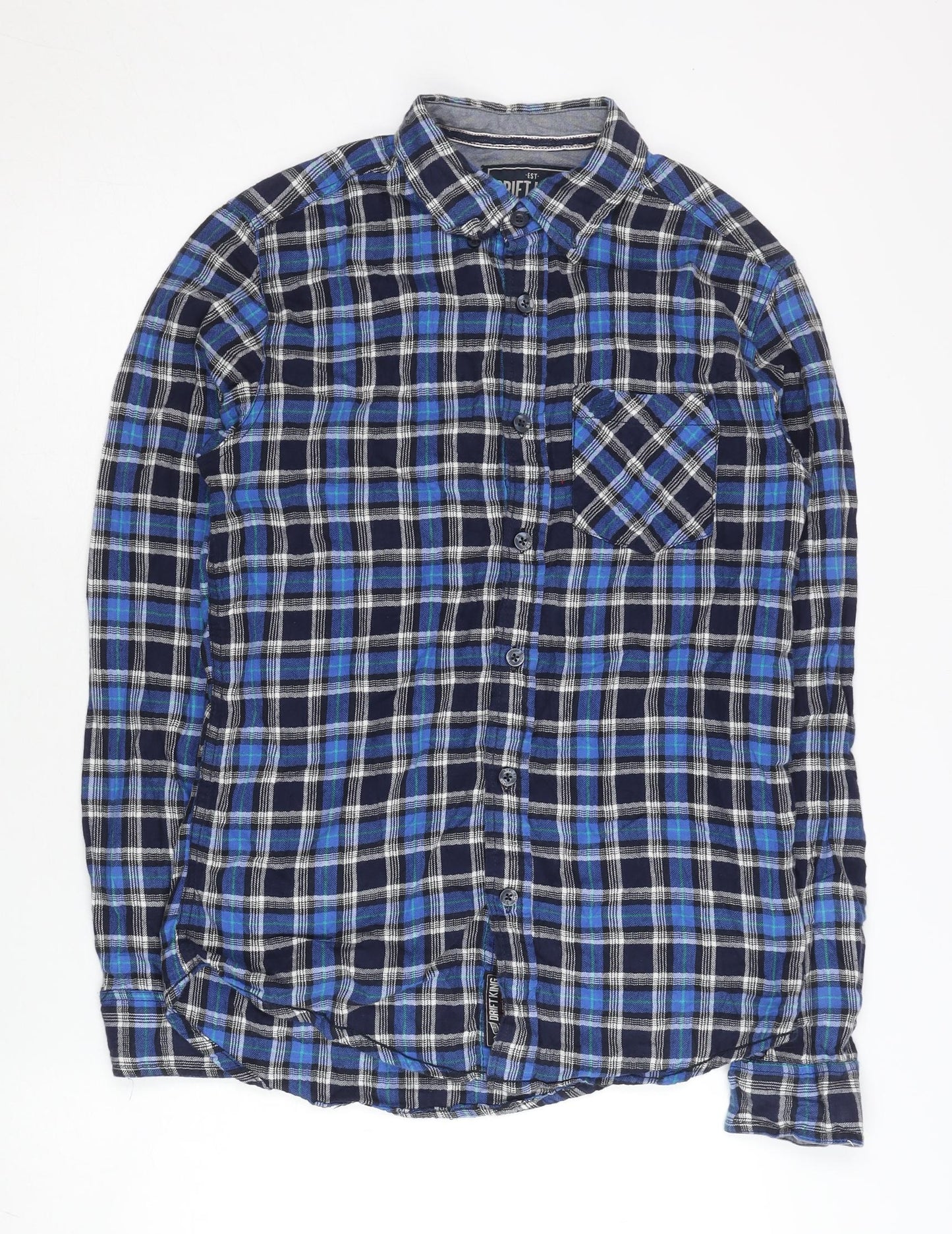 Drift King Men's Blue Plaid Cotton Long Sleeve Button-Up Shirt Size S