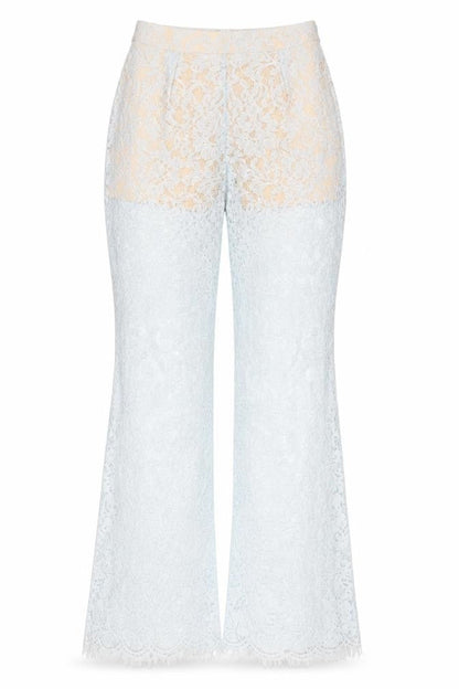 Front view of In The Style women’s blue lace flared dress pants, size UK 6