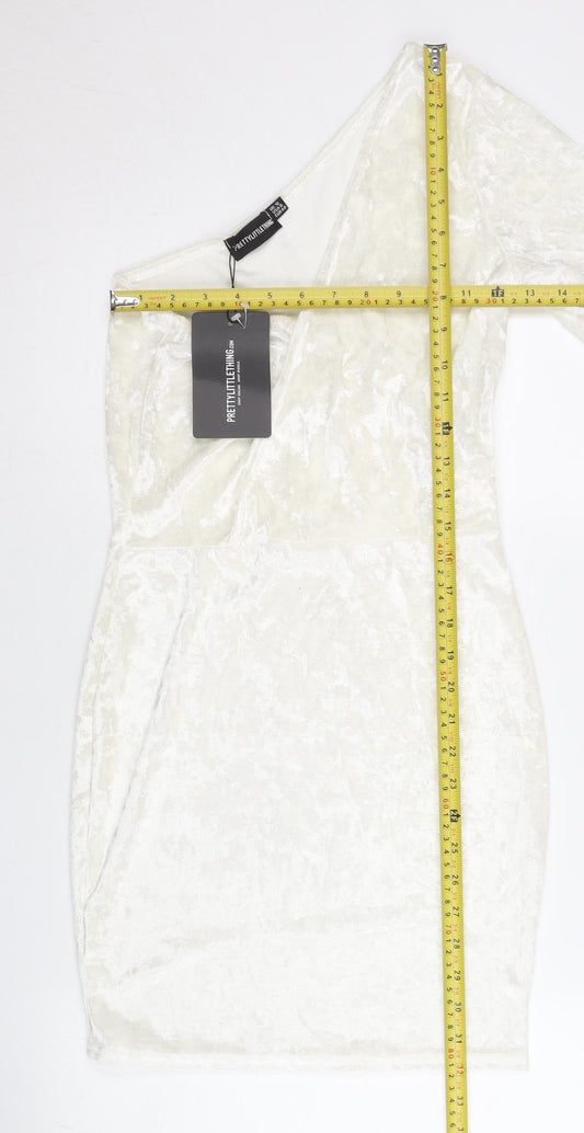 PrettyLittleThing Women’s White Velvet Bodycon Dress Size 12 One Shoulder