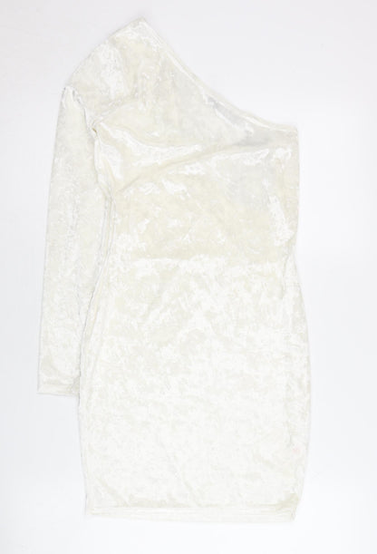 PrettyLittleThing Women’s White Velvet Bodycon Dress Size 12 One Shoulder