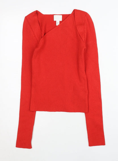 H&M Women Red XS Asymmetrical Neck Ribbed Slim Fit Jumper