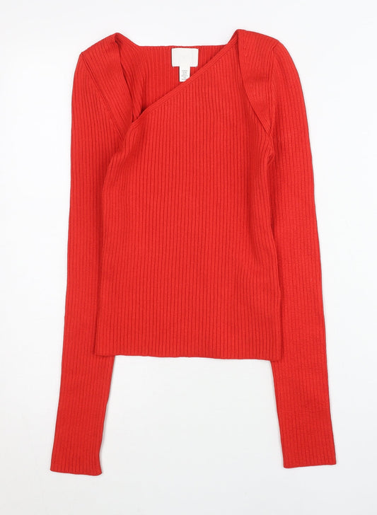 H&M Women Red XS Asymmetrical Neck Ribbed Slim Fit Jumper