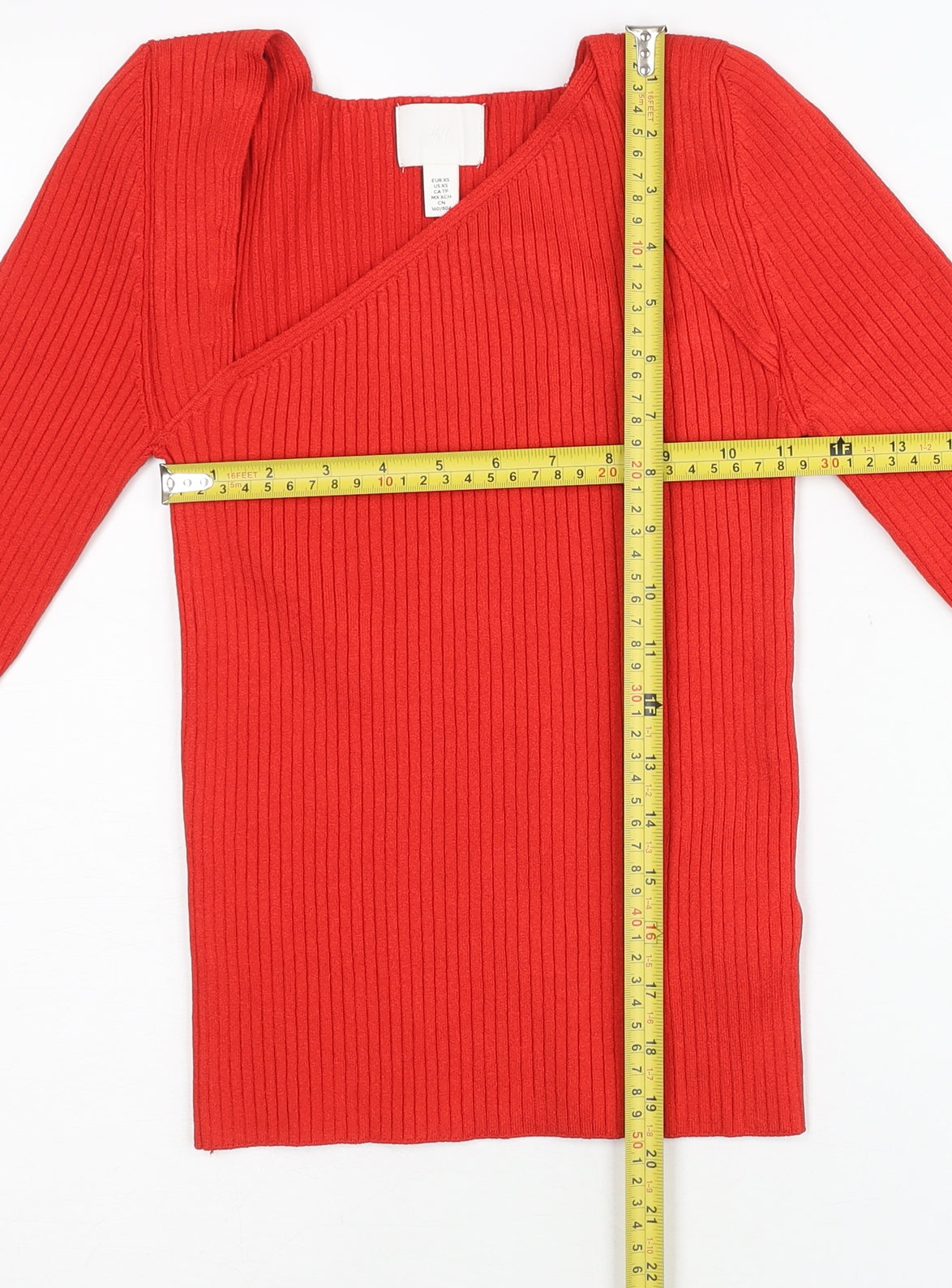 H&M Women Red XS Asymmetrical Neck Ribbed Slim Fit Jumper