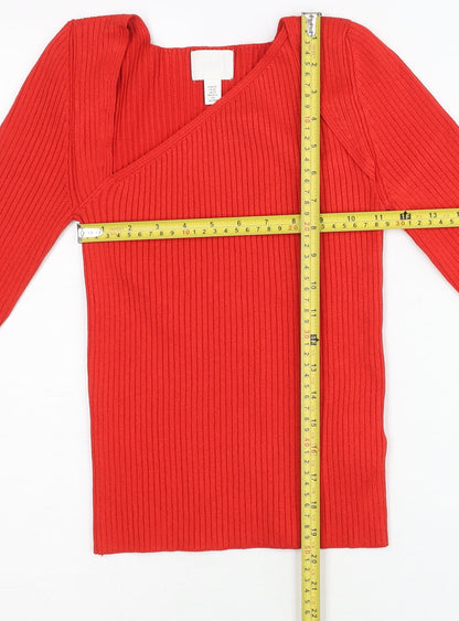 H&M Women Red XS Asymmetrical Neck Ribbed Slim Fit Jumper