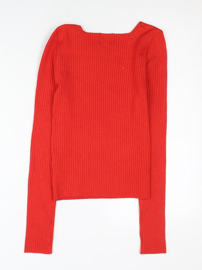H&M Women Red XS Asymmetrical Neck Ribbed Slim Fit Jumper