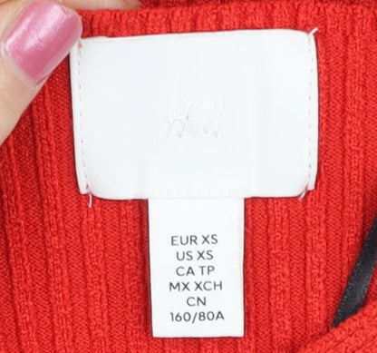 H&M Women Red XS Asymmetrical Neck Ribbed Slim Fit Jumper