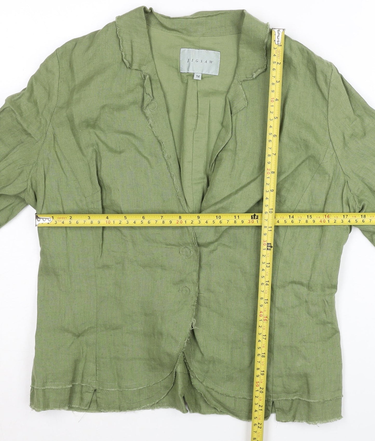 Jigsaw Women Green Linen Blazer Jacket Size 14 Single-Breasted