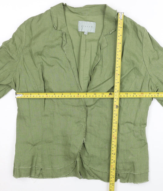 Jigsaw Women Green Linen Blazer Jacket Size 14 Single-Breasted