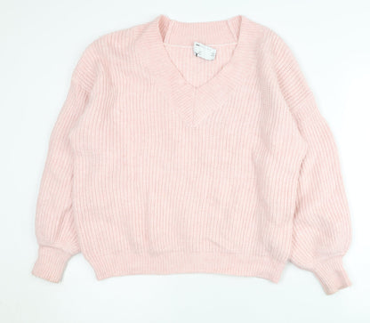 ASOS DESIGN Womens Pink V-Neck Chunky Knit Pullover Jumper Size 18