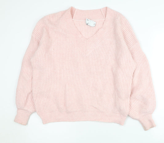 ASOS DESIGN Womens Pink V-Neck Chunky Knit Pullover Jumper Size 18