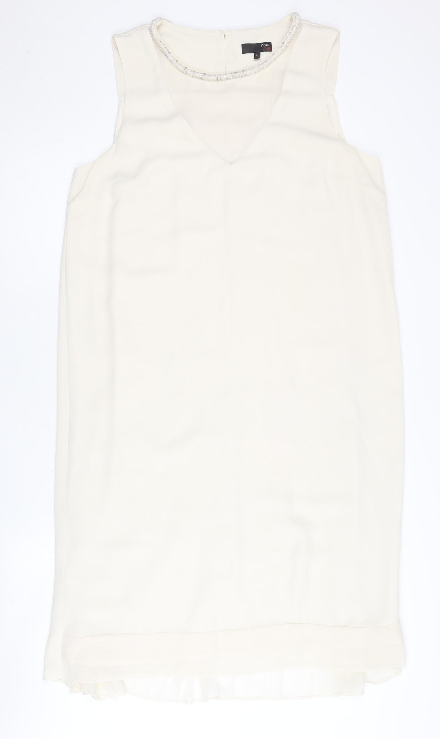 Next Women Tall Ivory Shift Beaded Dress Size 14 Sleeveless V-Neck