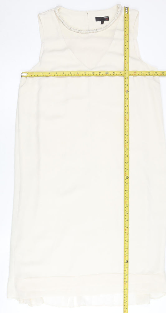Next Women Tall Ivory Shift Beaded Dress Size 14 Sleeveless V-Neck