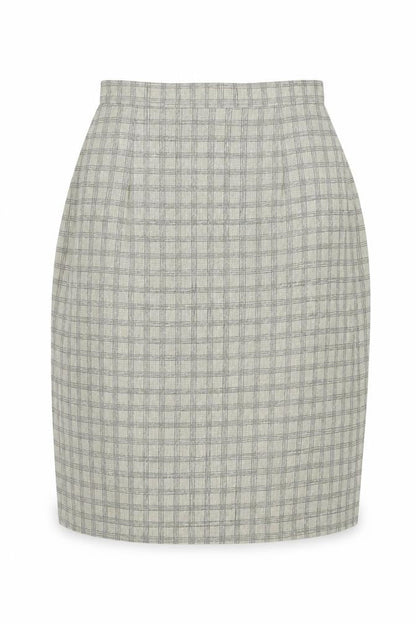 Front view of August Silk women’s grey check pencil skirt, size UK 4, workwear