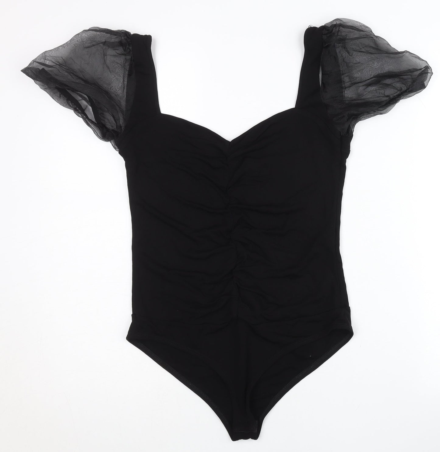 Zara Women Black Bodysuit Puff Sleeve Ruched Top Size L