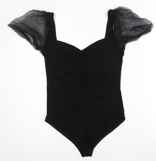 Zara Women Black Bodysuit Puff Sleeve Ruched Top Size L