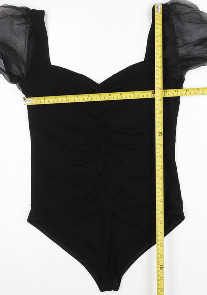 Zara Women Black Bodysuit Puff Sleeve Ruched Top Size L