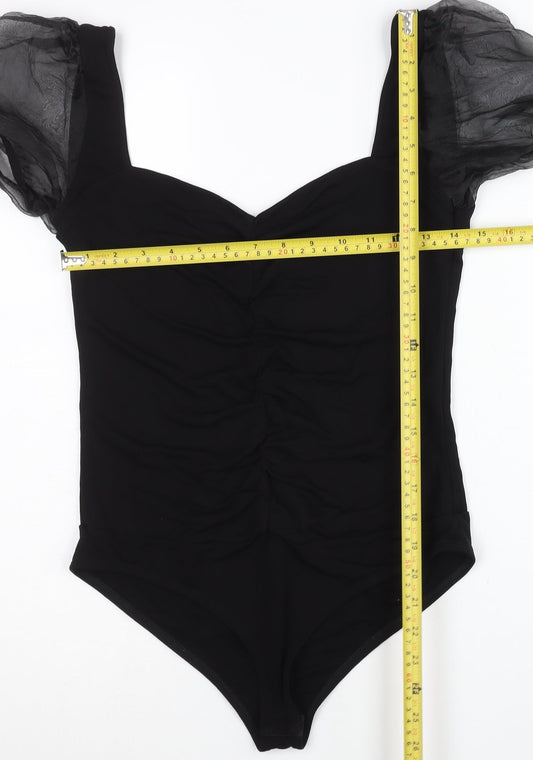Zara Women Black Bodysuit Puff Sleeve Ruched Top Size L