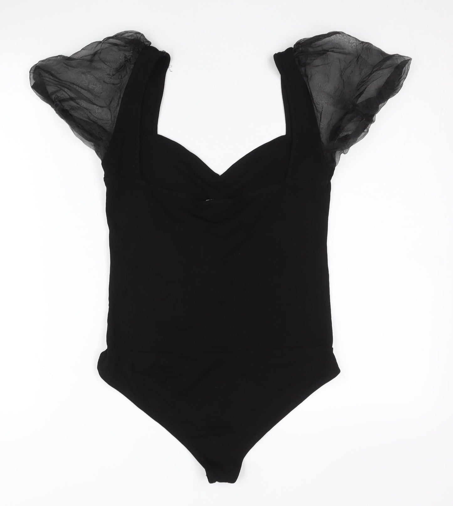 Zara Women Black Bodysuit Puff Sleeve Ruched Top Size L