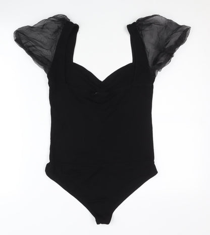 Zara Women Black Bodysuit Puff Sleeve Ruched Top Size L