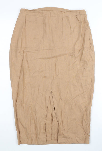ASOS Womens Beige Linen Blend Pencil Skirt Size 8 Midi High Rise