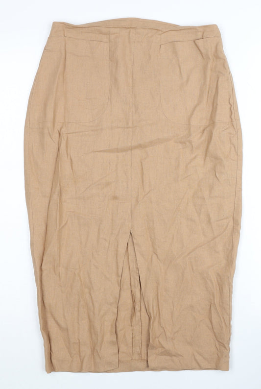 ASOS Womens Beige Linen Blend Pencil Skirt Size 8 Midi High Rise