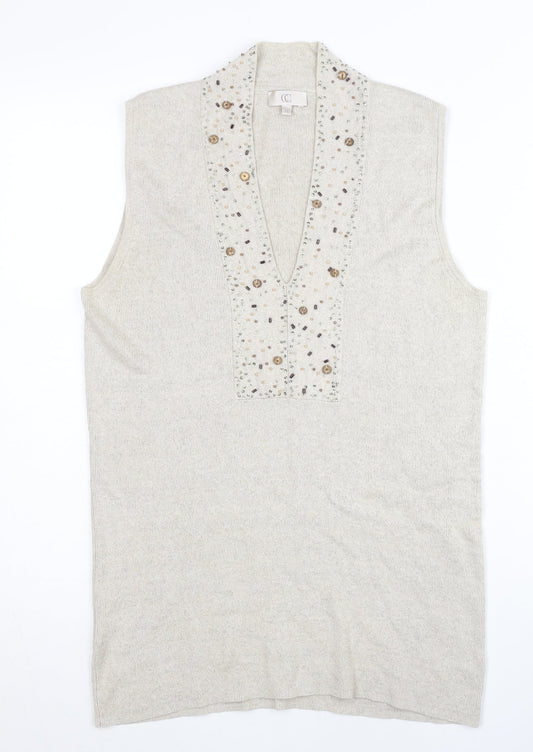 CC Women’s Beige Linen Cotton Sleeveless Beaded V-Neck Vest Jumper M