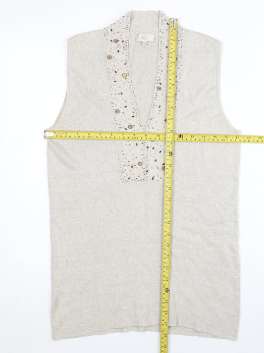 CC Women’s Beige Linen Cotton Sleeveless Beaded V-Neck Vest Jumper M