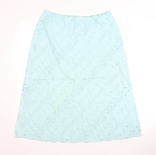 Marks and Spencer Women Blue Cotton A-Line Embroidered Skirt UK 12
