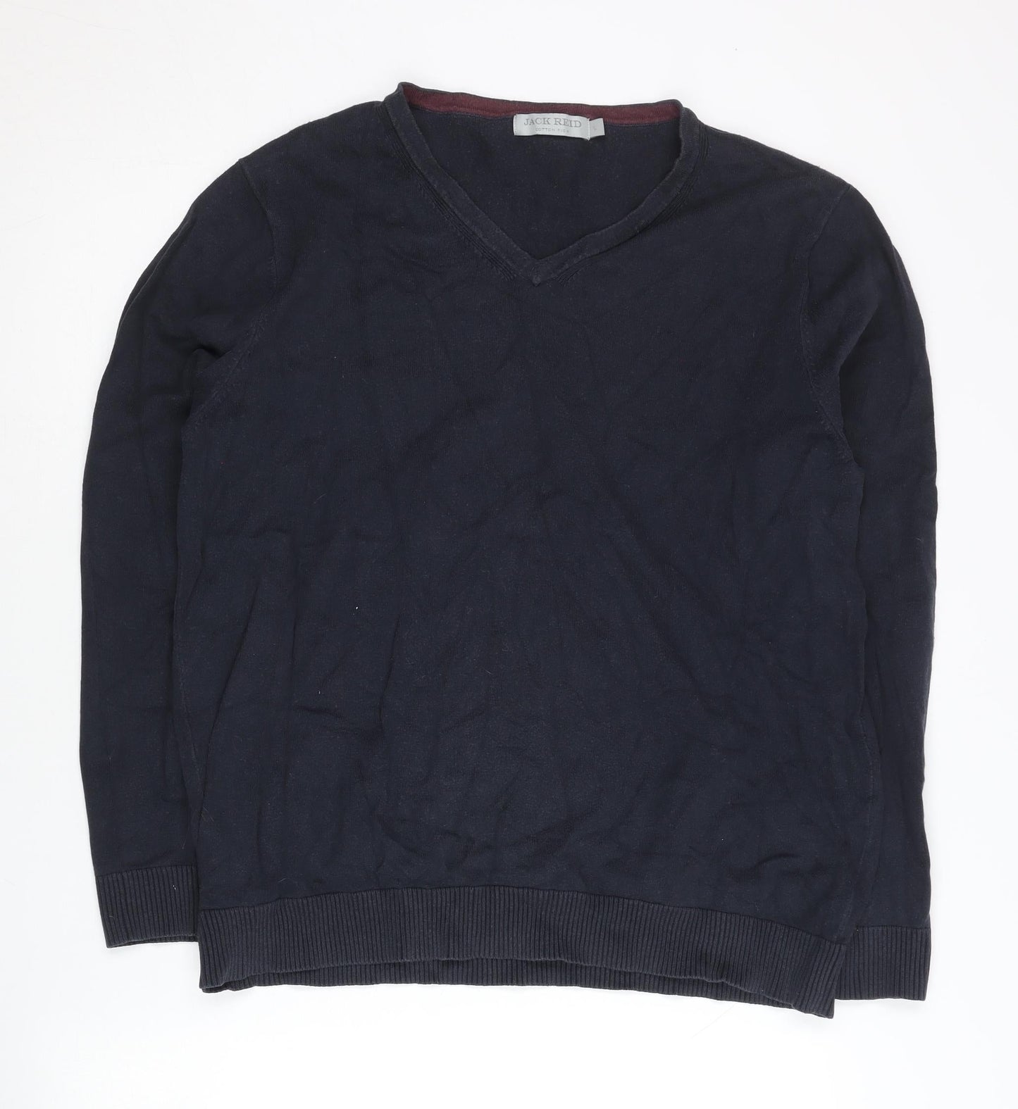 Jack Reid Men's Blue Cotton Blend V-Neck Jumper Size L Long Sleeve