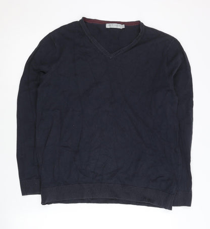 Jack Reid Men's Blue Cotton Blend V-Neck Jumper Size L Long Sleeve